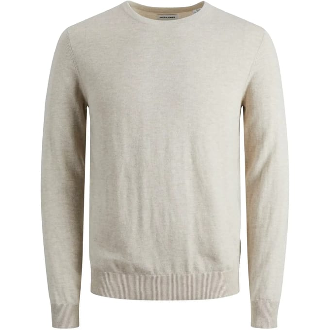 JACK & JONES Emil knit crew neck slim fit - heren pullover viscosemengsel met O-hals - beige melange