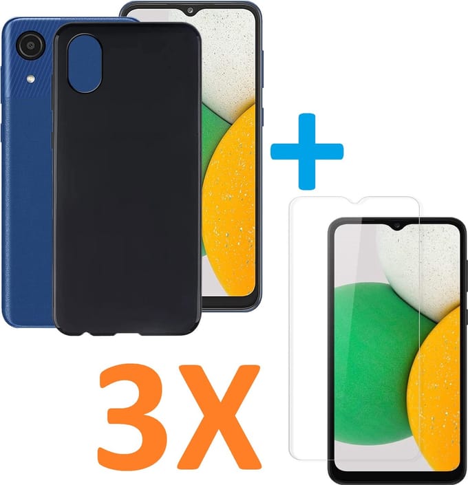Silicone hoesje zwart met 3 Pack Tempered glas Screen Protector Geschikt voor: Samsung Galaxy A03 Core