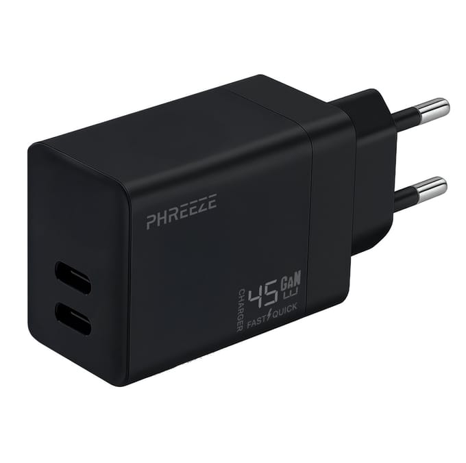 Usb C oplader 45w 2 poorten - Gan fast charger - Snellader - Zwart - Phreeze