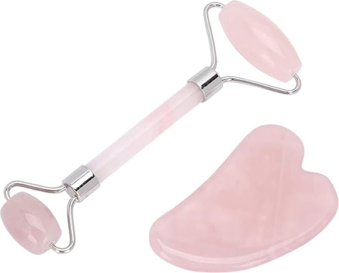 Igoods Massage Set - Rose Quartz Roller en Steen - Gezichtsmassage - Facial Roller - Schraper - Roze