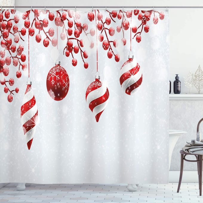 ABAKUHAUS Douchegordijn – Badkamerdecoratie Polyester 175x180 – wit/rood
