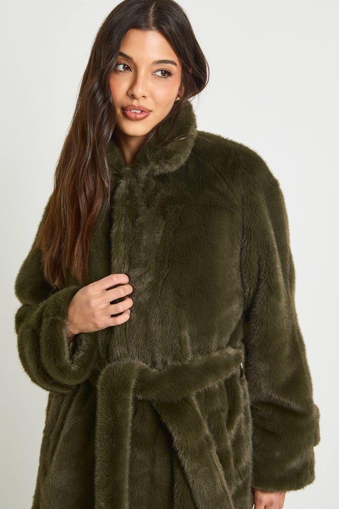 boohoo Dames Lange Jas met Riem van Nepbont | Green | Maat: 10