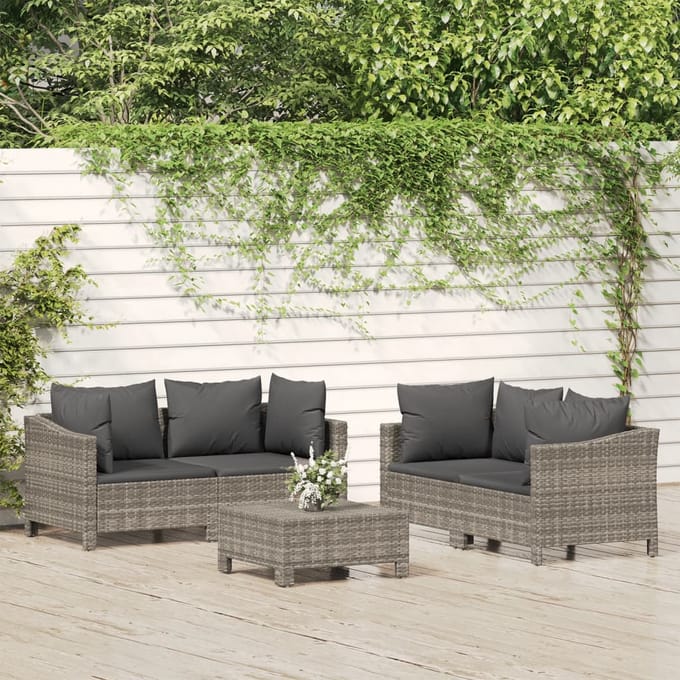 vidaXL - 5-delige - Loungeset - met - kussens - poly - rattan - grijs