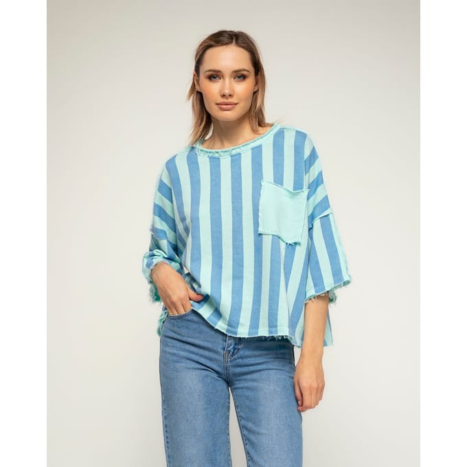 Gestreepte sweatshirt met korte mouwen, zakken en gerafelde afwerking