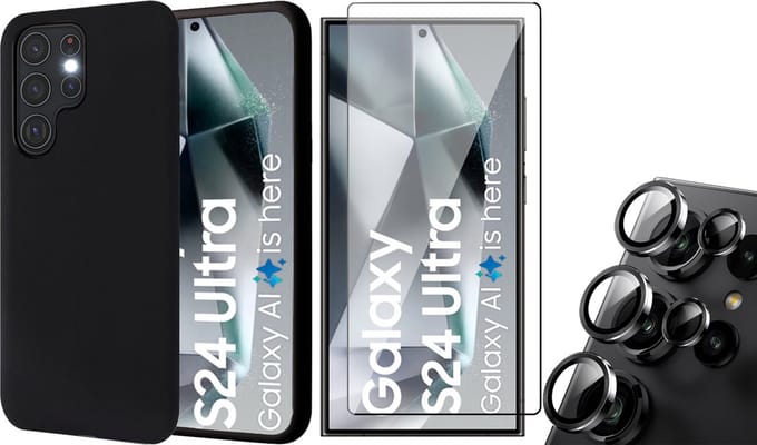 Hoesje geschikt voor Samsung Galaxy S24 Ultra - Screenprotector Volledig Dekkend Glas & Camera Protector - Mat Back Case Zwart