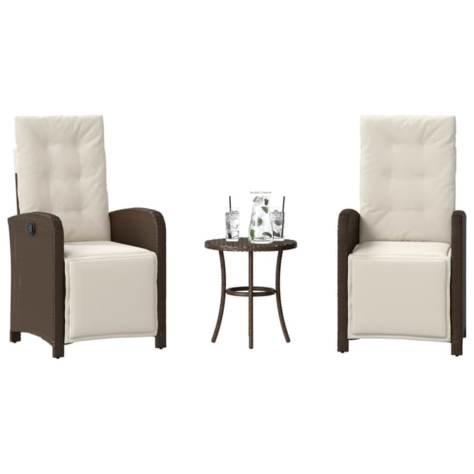 vidaXL - 3-delige - Bistroset - met - kussens - poly - rattan - bruin