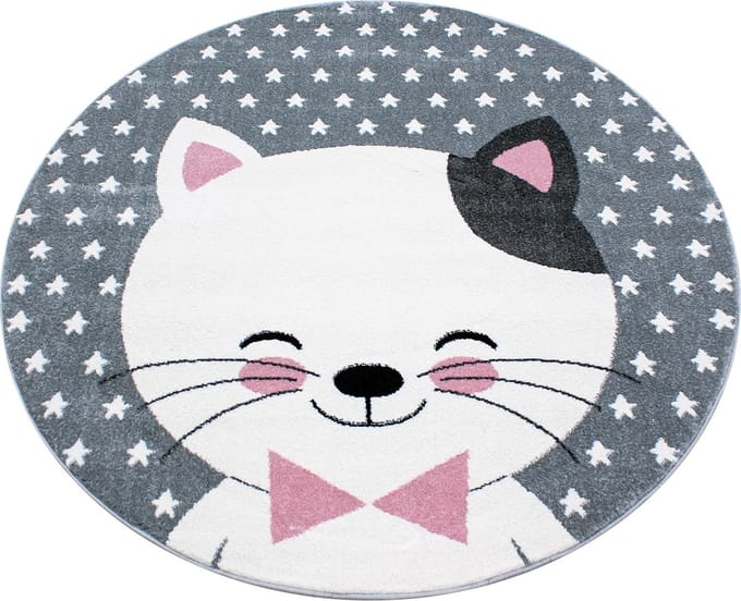 Vloerkleed kinderkamer - Kat - roze - rond 120 cm