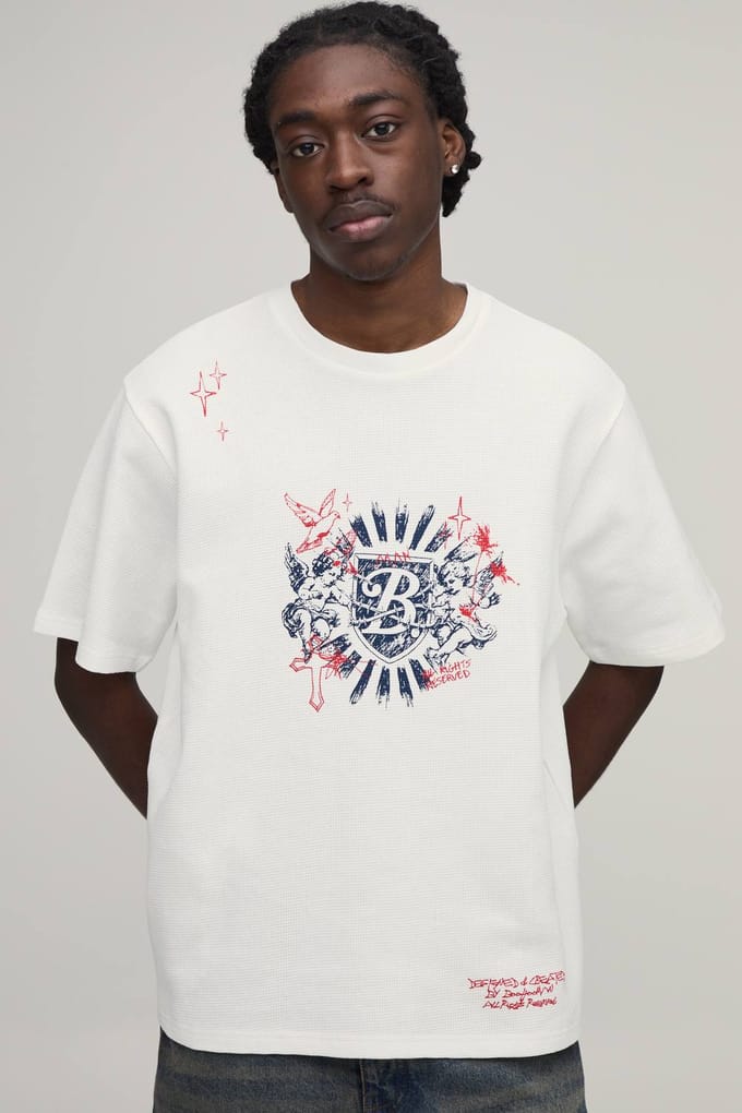 Relaxed Wafel Doodle Print T-shirt Met Korte Mouwen | Ecru | Size Large