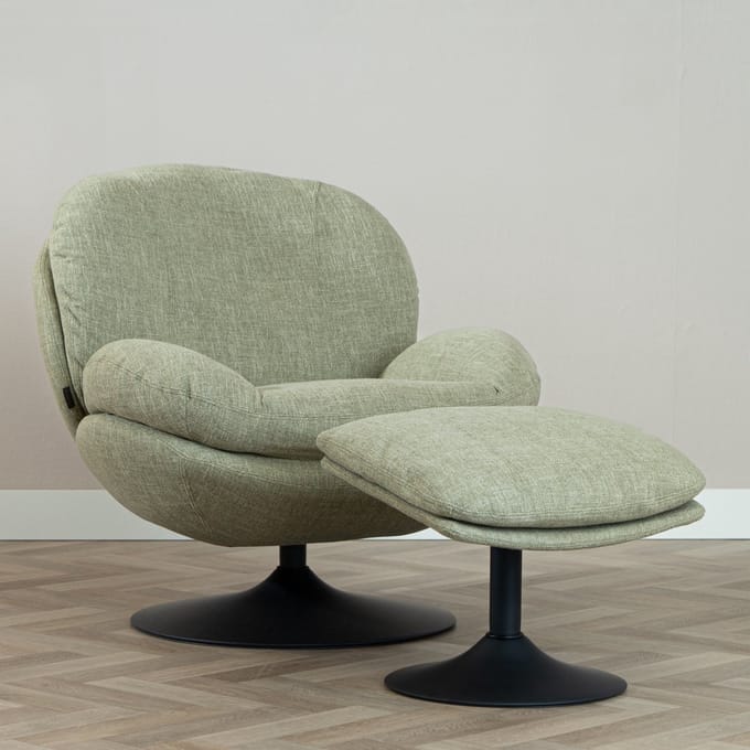 Bronx71® Draaifauteuil met hocker Isobel linnen olijfgroen