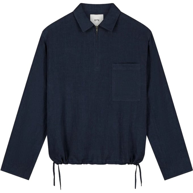 Mannen Long Sleeve T-shirt Linen QuArter Zip Pullover Marine