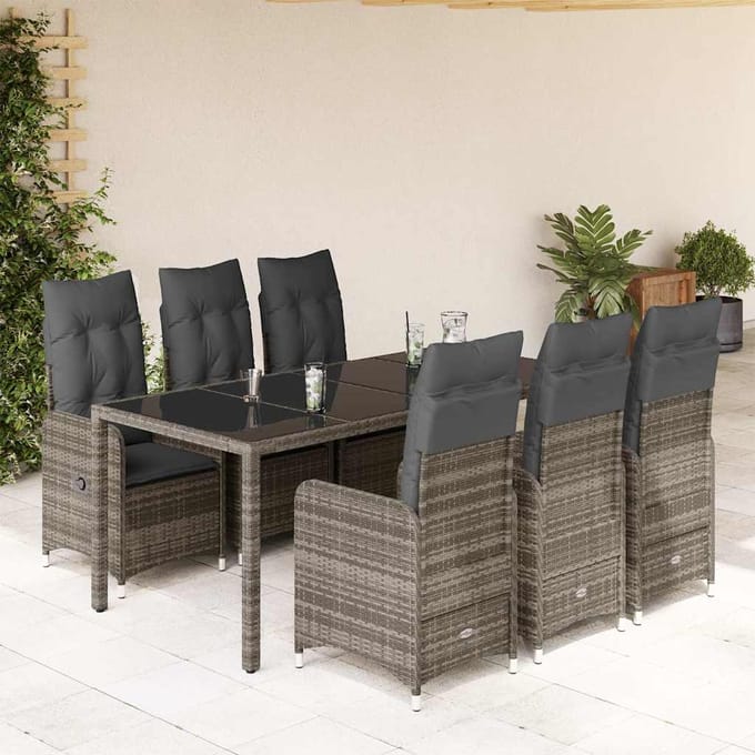 vidaXL - 7-delige - Bistroset - met - kussens - poly - rattan - grijs