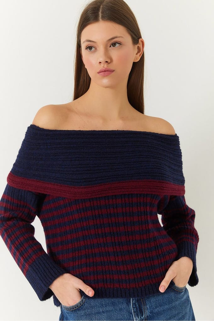 Gestreepte Strapless Brei Sweater