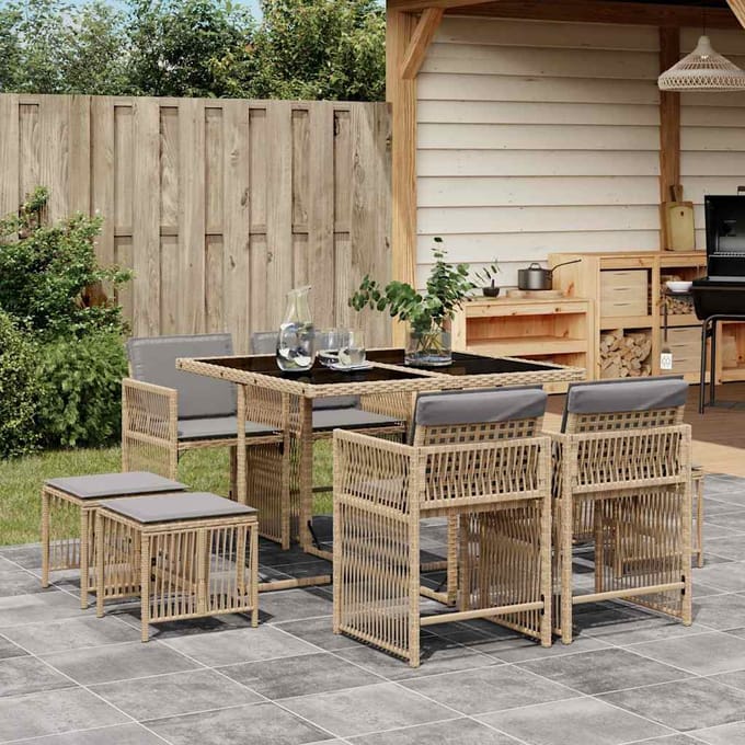 vidaXL - 9-delige - Tuinset - met - kussens - poly - rattan - gemengd - beige
