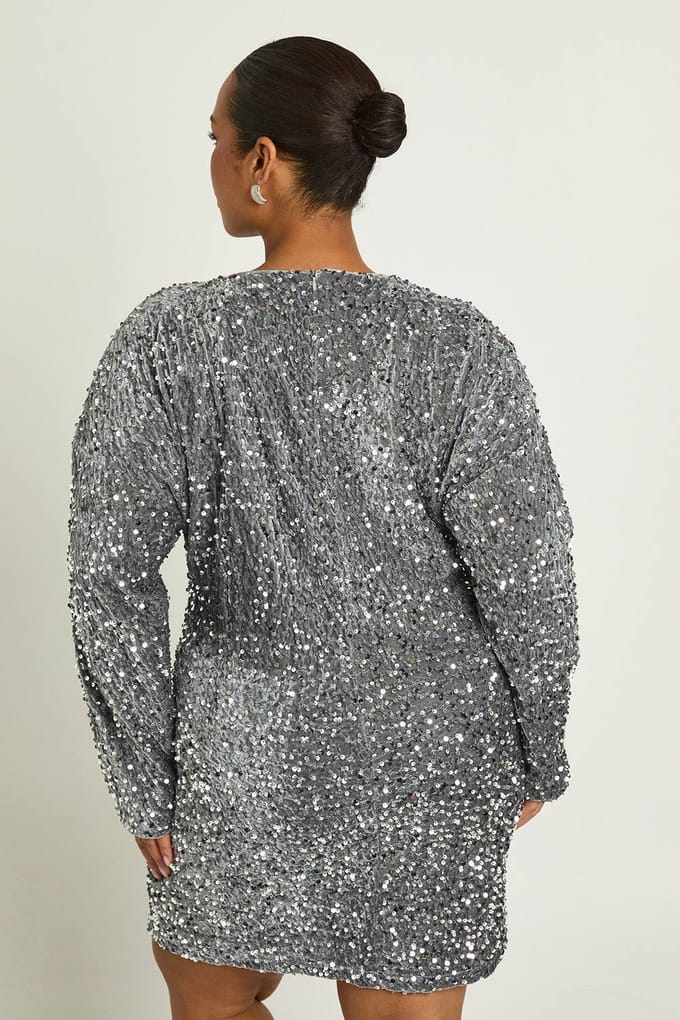 boohoo Dames Plus Pailletten Batwing Shiftjurk | Silver | Maat: 18