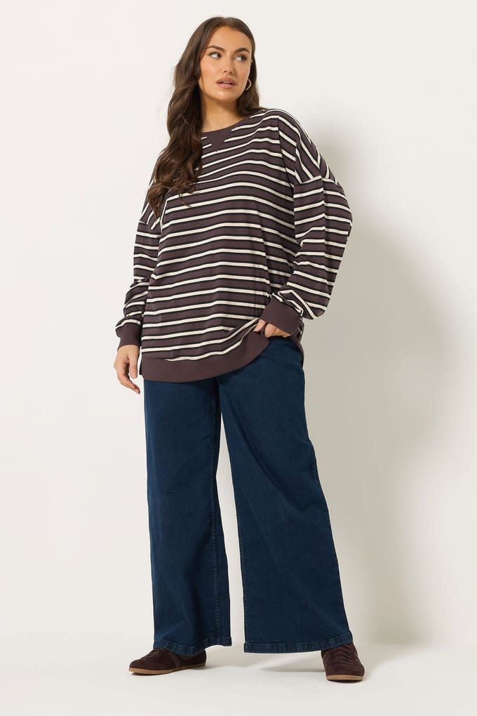 Yours Bruine Gestreepte Top Met Ballonmouwen Size 50-52