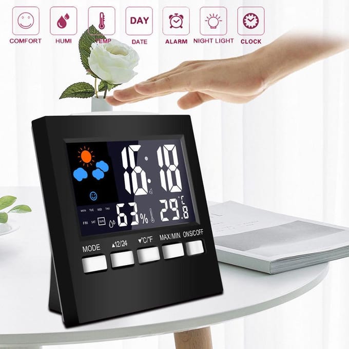 Digitale display thermometer vochtigheidsklok kleurrijke binnen- en buitentemperatuurmonitor alarm LCD black