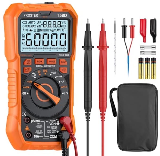 Digitale multimeter 60000 tellingen TRMS met NCV-detector voor DC/AC spanning, stroom, temperatuur, capaciteit, weerstand en diode doormeting
