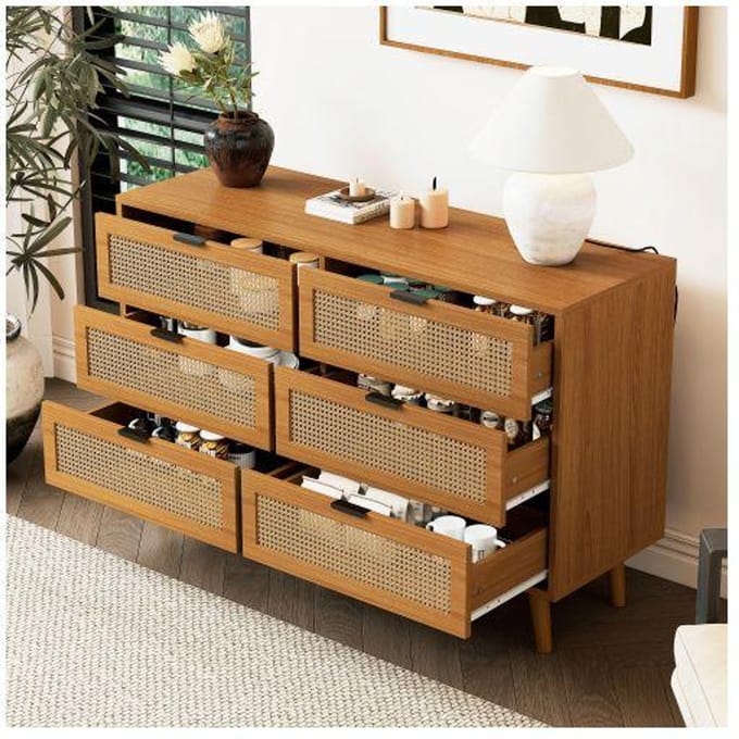 Commode - MUVOE - Vintage - 6 tiroirs - Bois - Poignées en métal - L120/H76.5/T40 cm