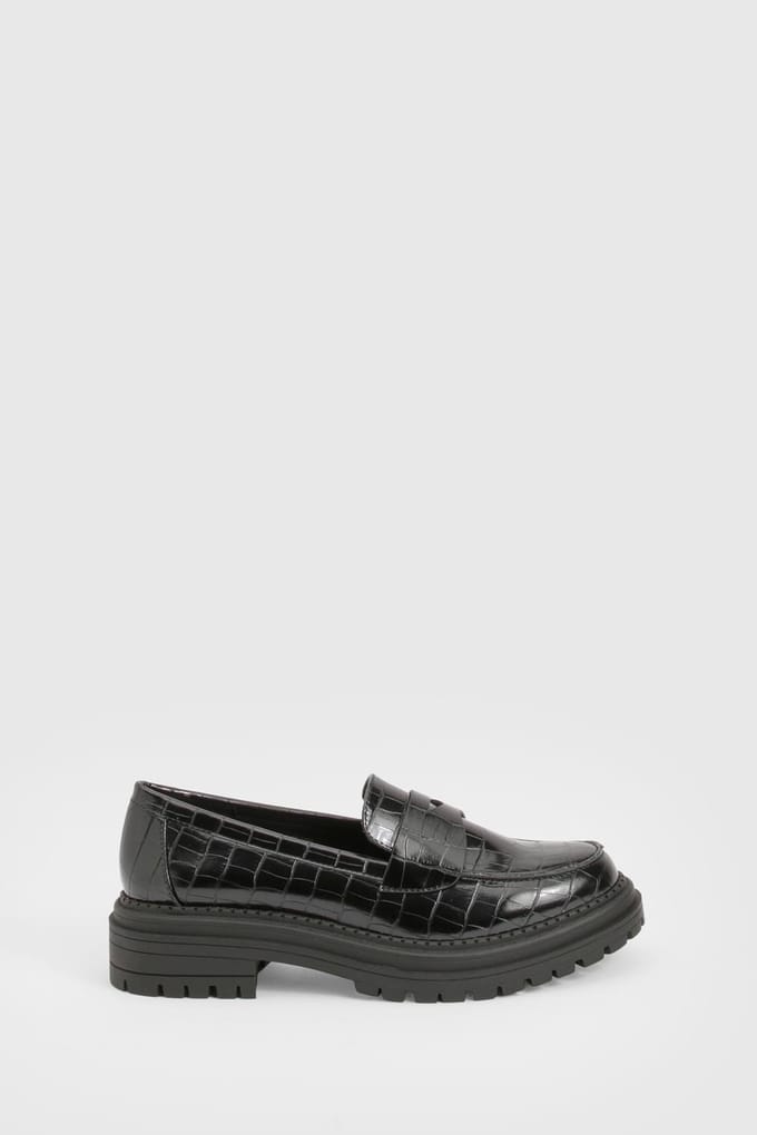 boohoo Dames Chunky Croco Banddetail Loafers | Black | Maat: 3
