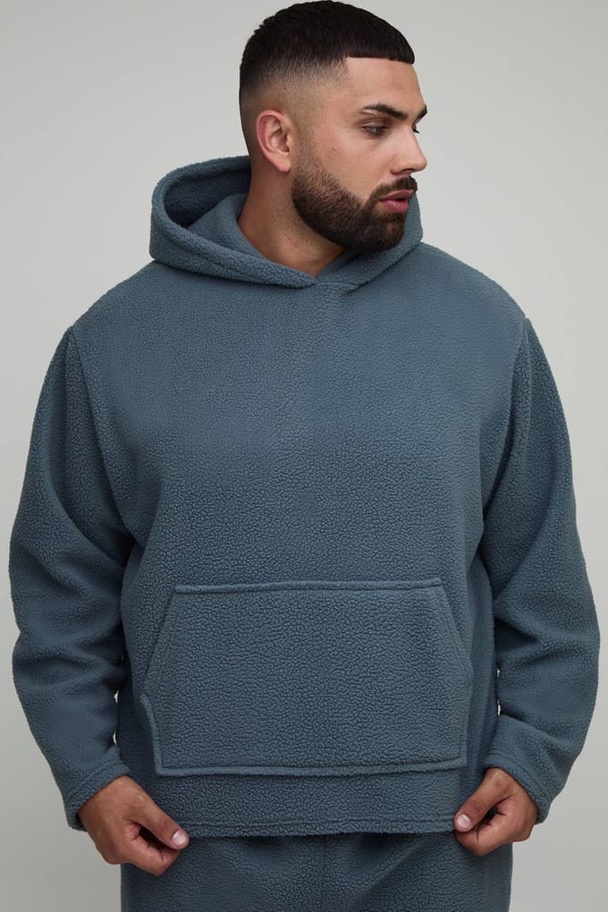 Plus Borg Oversized Boxy Hoodie | Slate Grey | Size 3XL