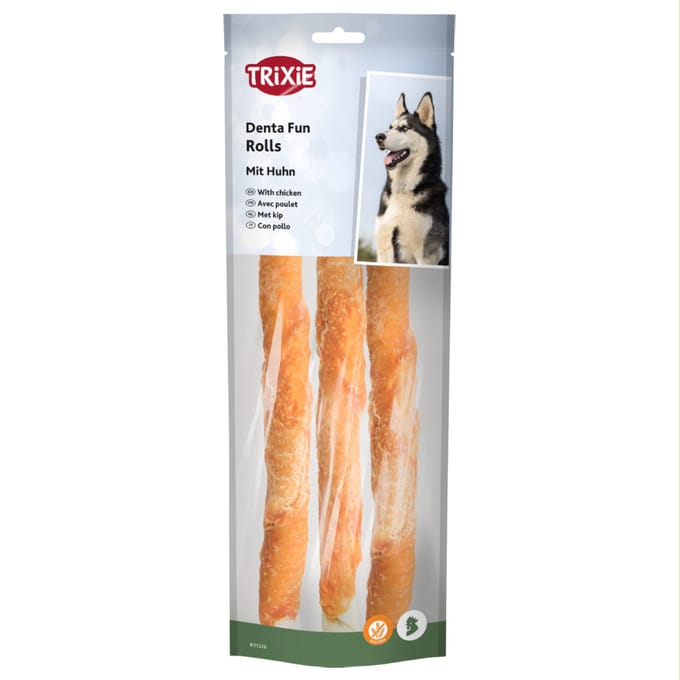 4x250g Trixie Denta Fun Chicken Chew Rolls ca. 28cm Hondensnacks