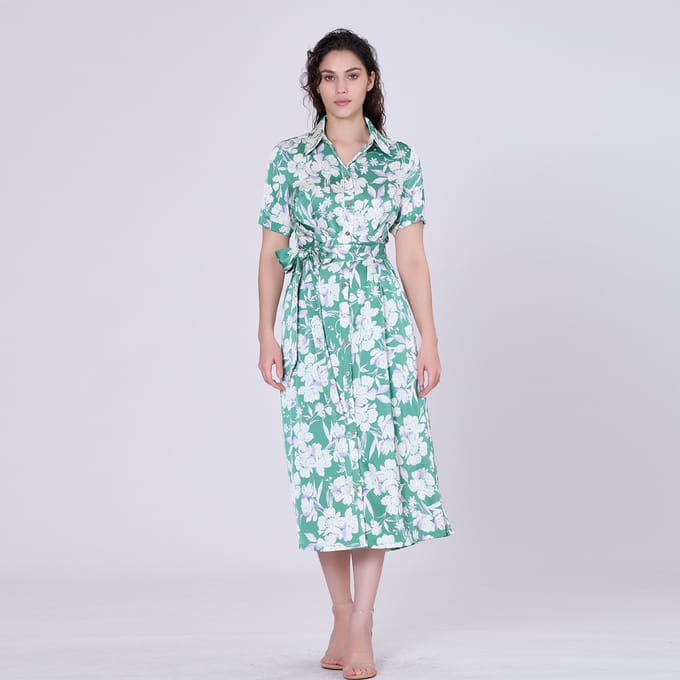 Macro Flower Print MIDI-shirt- Jurk