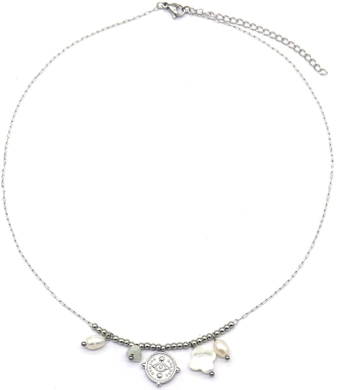Ketting Munt - Parels en Stenen - RVS - Lengte 39-44 cm - Zilverkleurig