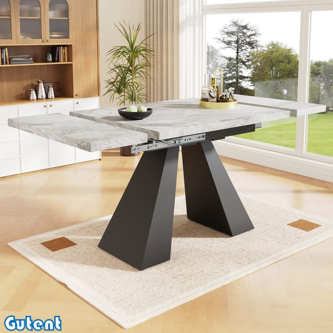 Gutent Uitschuifbare eettafel (99-159 x 74 cm)-Ruimtebesparend-Grijs tafelblad-Zwarte kolompoten