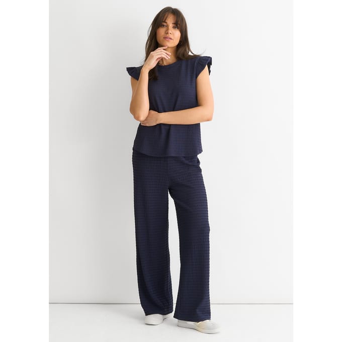 Donkerblauwe Top met Rimpel Mouwen in Textuur en Oversized Pasvorm