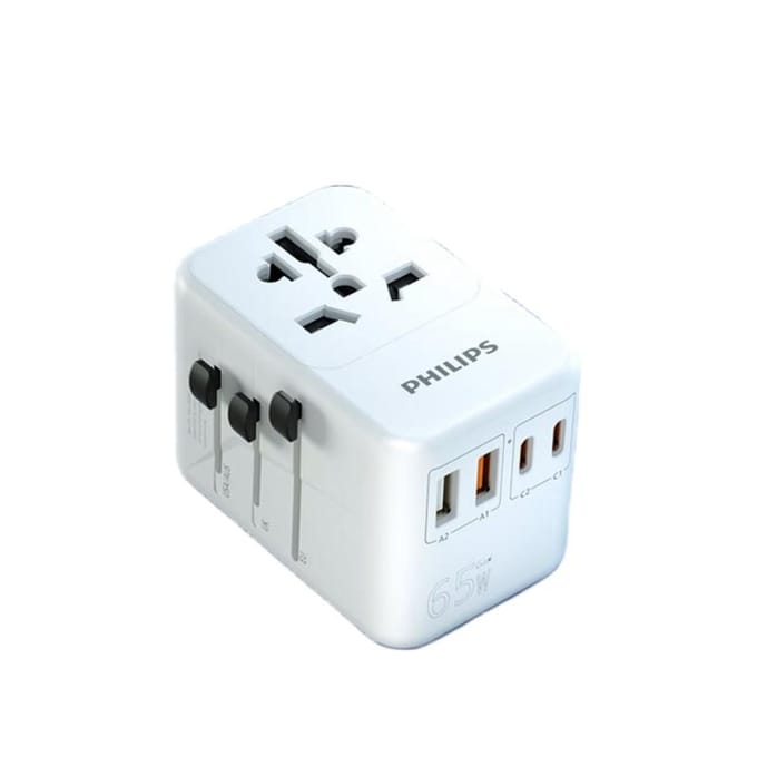 Philips 65W GaN Wereldwijde Reisadapter Meerdere poorten Uitgangsvermogen tot 70W
