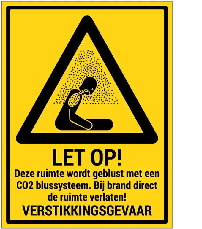 CO2 blussysteem verstikkingsgevaar sticker met tekst | 28 x 21 cm