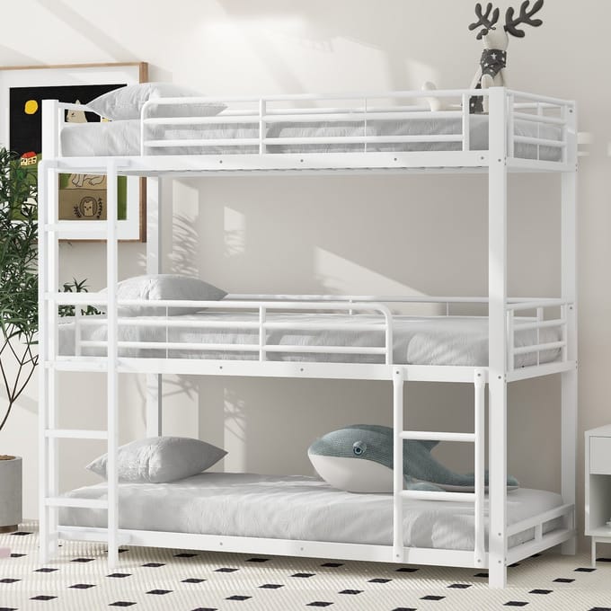 MODFU - Drievoudig stapelbed – 3x 90x200 cm – Ruimtebesparend – Metaal – Wit