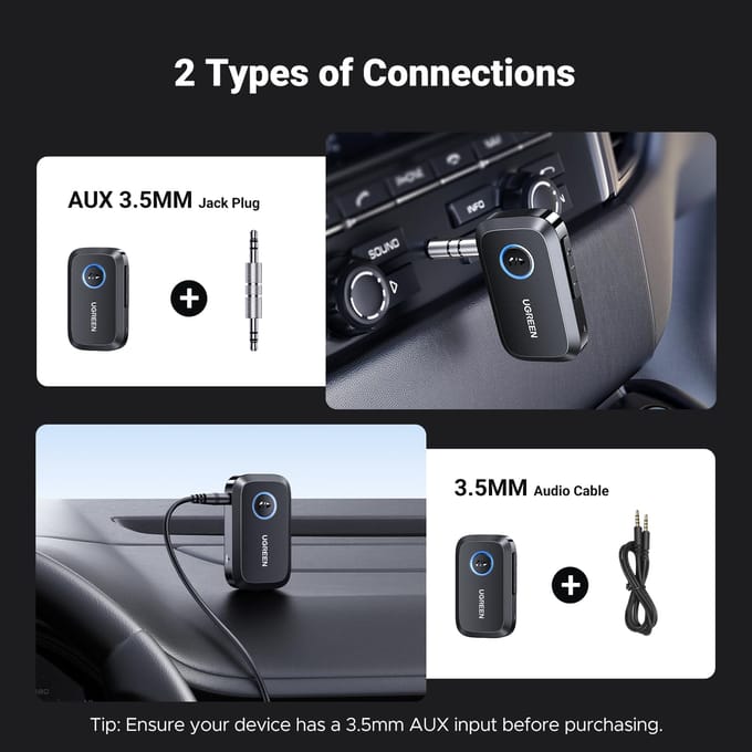 UGREEN Bluetooth Auto Auto Component 15M Communicatie Zwart Certificering 5.3 Ontvanger, 3.5mm Ontvanger, SBC/AAC, Audio, AUX, iPhone, Android, Stereo, zwart