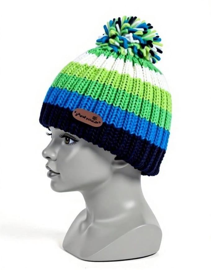 ATTREZZO® Muts – Kind - Gevoerd - Blauw/groen gestreept – Met Pompom - One Size