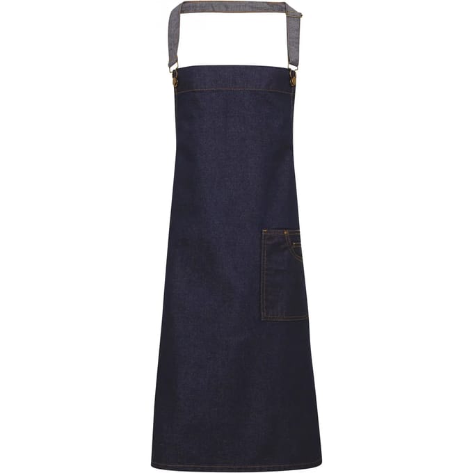 Premier District - Waxed look denim bib apron PR134 - Indigo Denim - One size