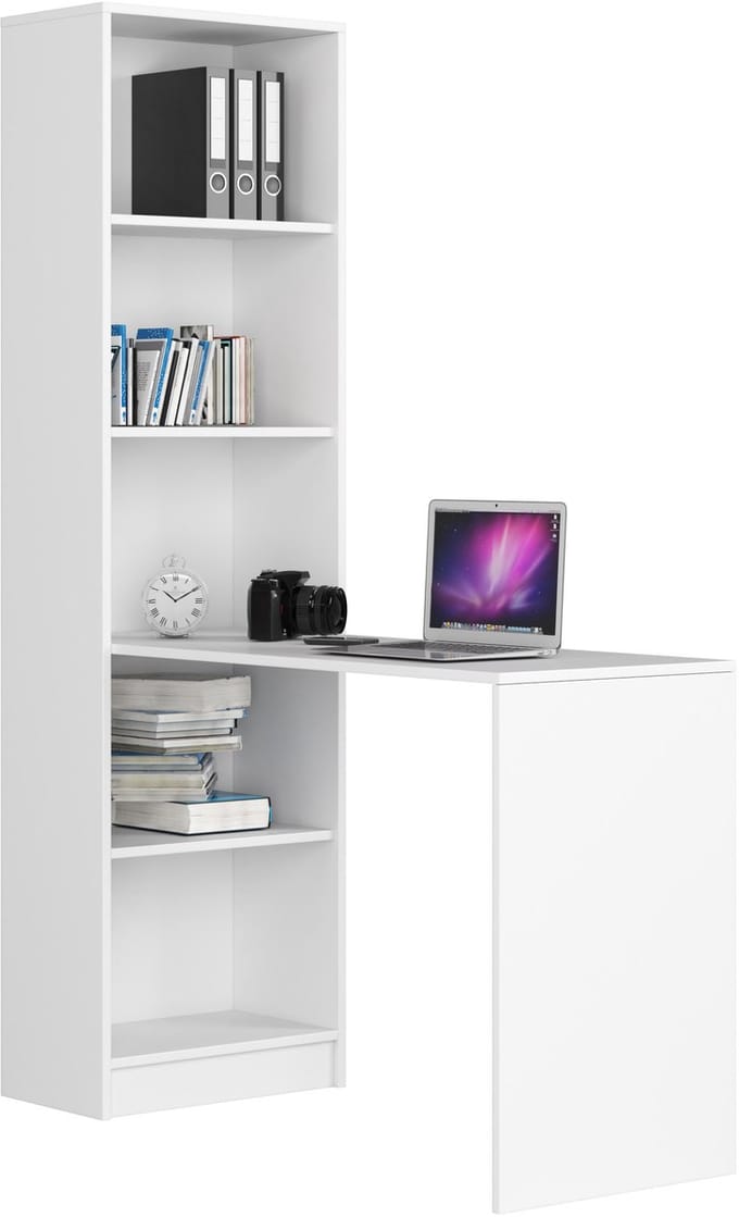 Bureau SMART met Planken / Computerbureau / Computer Tafel / Vrijstaand Bureautafel / Wit / 125 x 180 x 50 cm