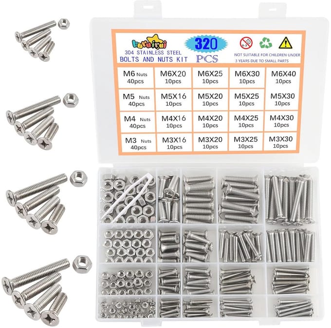 Moeren en Schroeven Set M3 M4 M5 M6 - 320 Stuks Roestvrij Staal met Opbergdoos