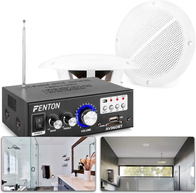 SkyTronic badkamer speakerset 5 incl. versterker en 10 meter luidsprekerkabel