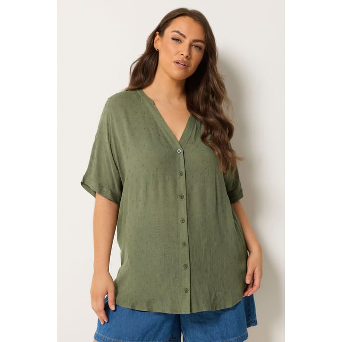 Yours Groene Blouse Met Dobbystructuur En Inkeping In De Hals Size 44