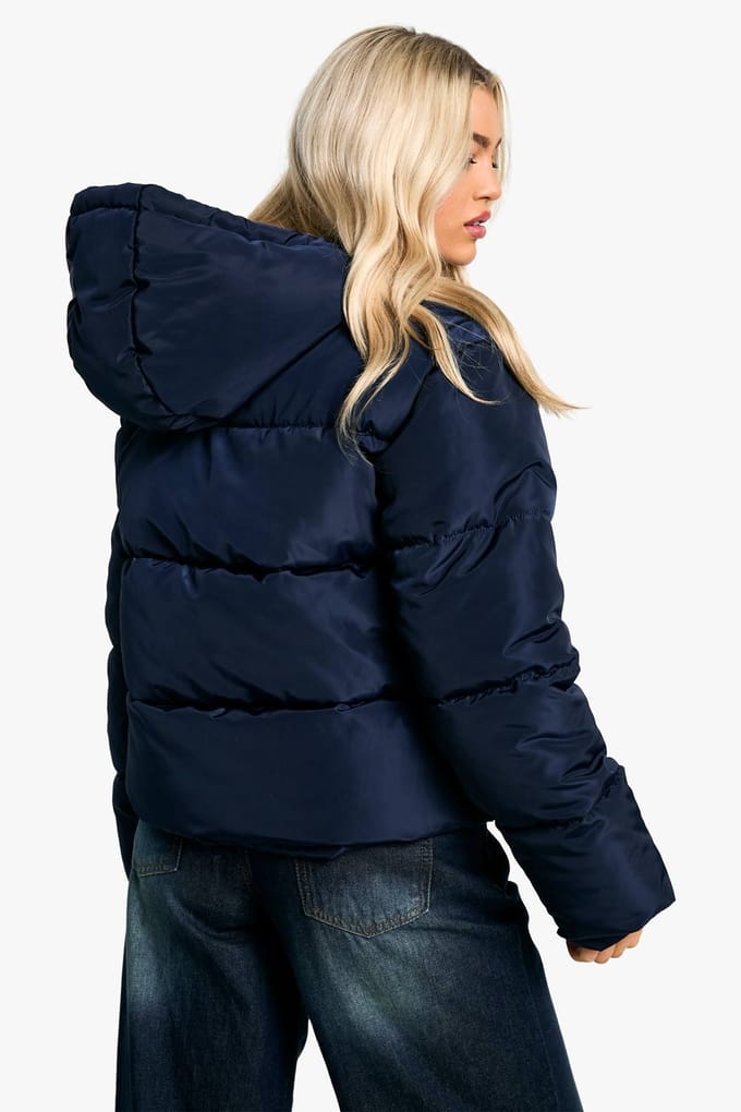 boohoo Dames Korte Puffer met Capuchon | Navy | Maat: 16
