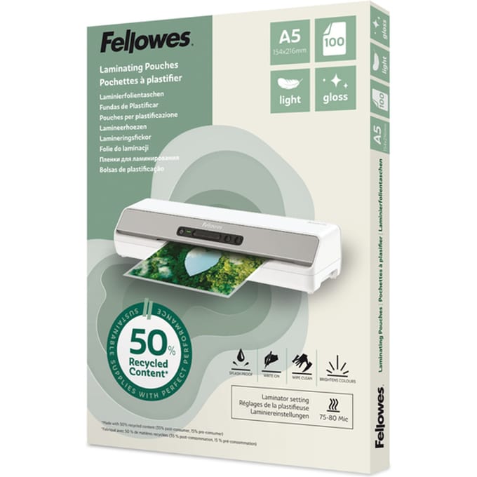 Fellowes® lamineerfolies, formaat A5, foliedikte 80 µ, gerecycled PET, transparant en glanzend, 100 stuks