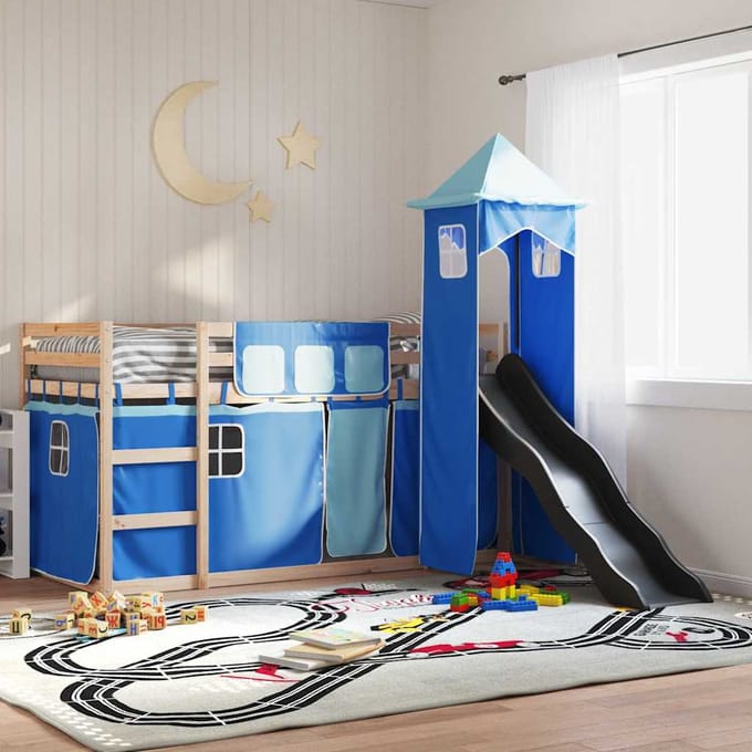 vidaXL - Stapelbed - met - glijbaan - en - gordijnen - blauw - 80x200 - cm