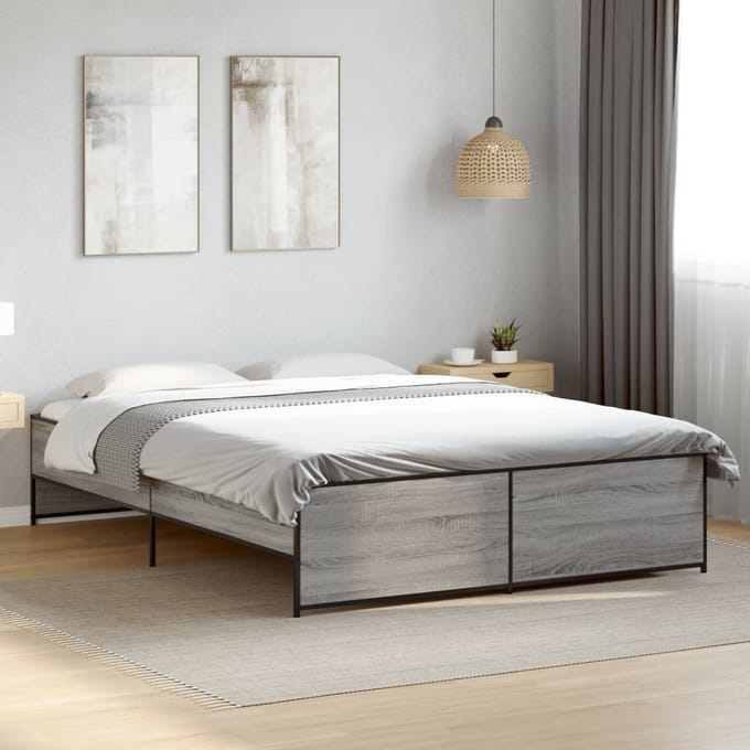 vidaXL - Bedframe - bewerkt - hout - metaal - grijs - sonoma - eiken - 150x200 - cm