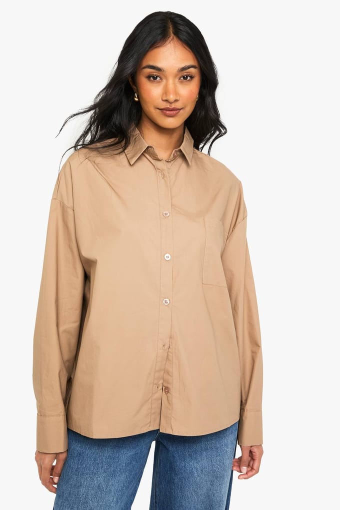 boohoo Dames Katoenen popeline oversized overhemd | Mocha | Maat: 6