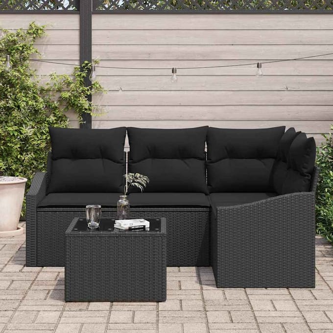 vidaXL Tuinbank Set met kussen met opslag 5 pcs Zwart poly rattan