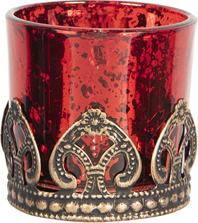 Clayre & Eef Theelichthouder Ø 5x5 cm Rood Goudkleurig Glas
