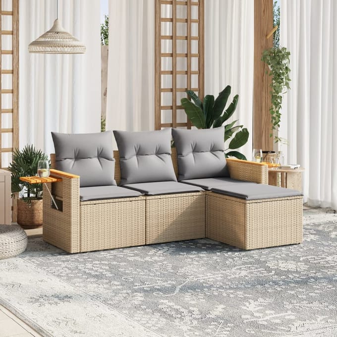 vidaXL - 4-delige - Loungeset - met - kussens - poly - rattan - beige