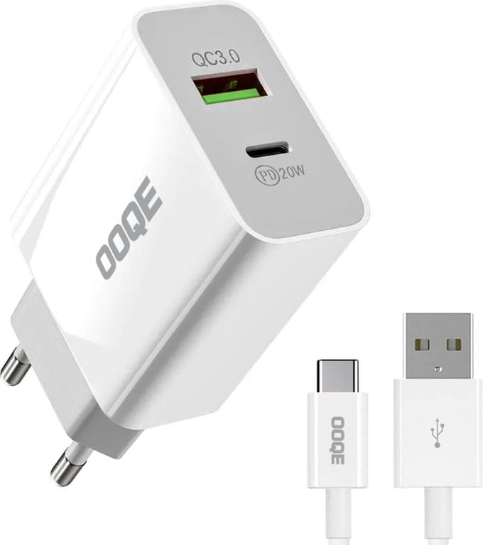 OOQE 2-in-1 USB Quick Charger | USB-C en USB-A ingang | Snellader | Oplader | Adapter | 20 Watt | Universeel | Inclusief OOQE USB-C kabel van 1m