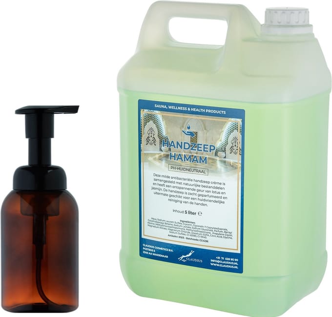 Zeepdispenser 300 ml amber bruin hervulbaar + 5 liter Handzeep Hamam navulling