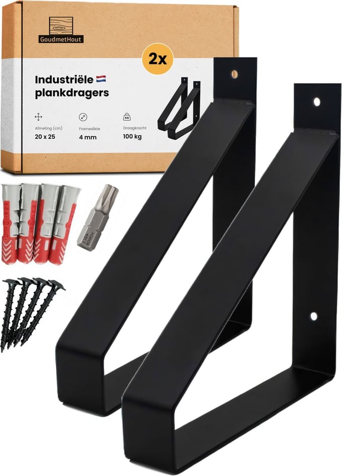 GoudmetHout - Industriële Plankdragers - Staal - Mat Zwart - 20 cm - muurbeugel - metaal - plankendrager